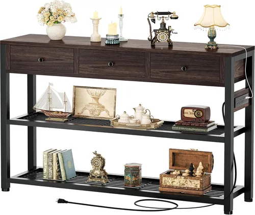 Miniatura 15 de Ecoprsio Mesa de entrada con salidas y puertos USB, mesa consola con 2 cajones, mesa de sofá pequeña con estantes de almacenamiento para sala