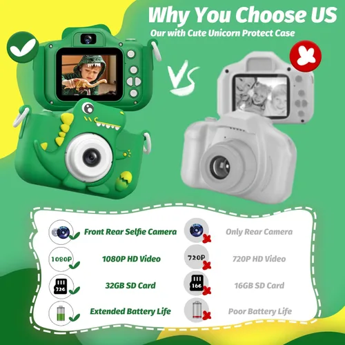 Miniatura 4 de Cámara para niños, mejorada, diseño de dinosaurio, regalos de Navidad y cumpleaños para niños de 3 a 12, cámara digital 1080P HD para selfies