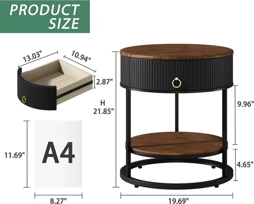 Miniatura 2 de OIOG - Mesa auxiliar redonda con cajón, mesa auxiliar moderna de madera con estante, mesa de noche de 2 niveles con cajón para sala de estar, Negro