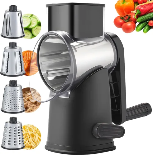 Miniatura 14 de Weltonhm Ralladores rotativos de queso con 4 cuchillas, rallador de queso de manivela con rebanador de gofres, triturador de queso rojo, negro