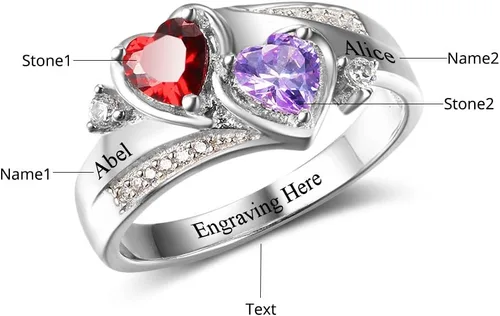 Miniatura 2 de Anillo de plata de ley con piedras de nacimiento, anillos de piedra natal personalizados para mujeres, mamá, nombres grabados, anillos de promesa