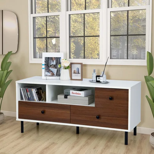 Miniatura 8 de GOFLAME Soporte de TV para TV de hasta 50 pulgadas, moderno centro de entretenimiento con 3 cajones y 2 estantes de almacenamiento abiertos, mueble
