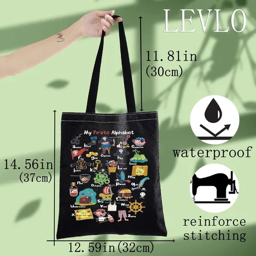 Miniatura 3 de LEVLO Pirate Life - Bolsa de lona con texto en inglés "Pirate Life", regalo inspirado en la cita de pirata, bolso de hombro con alfabeto A-Z