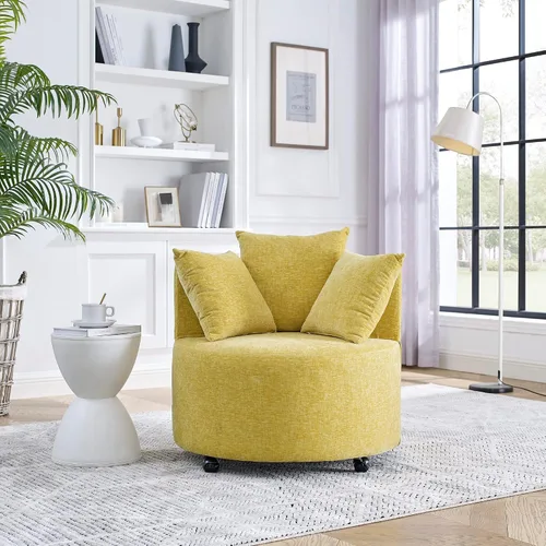 Miniatura 15 de Quarte Moderna silla tapizada de ocio, silla giratoria de tela de peluche con ruedas móviles y 3 almohadas, perfecta para sala de estar y dormitorio