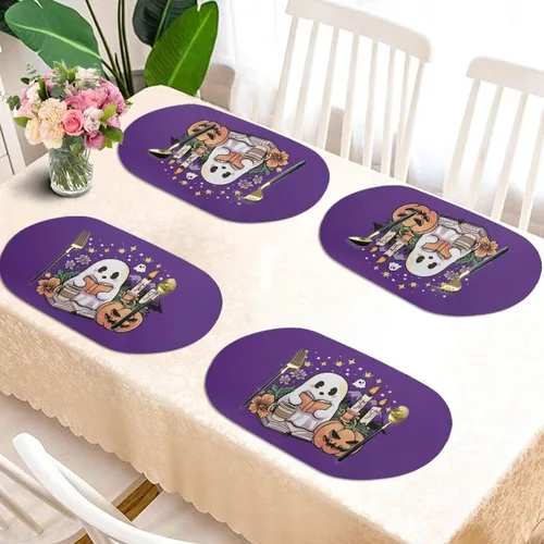 Miniatura 5 de Pumpkin Placemats Set of 4 Ghost Non Slip Washable Heat Resistant Place Mats 12x18 Inch Round Tablemats for Dining Kitchen Party Daily Table Decor