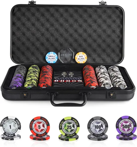 Miniatura 9 de ORIENGEAR Juego de fichas de póquer con denominaciones, 300 unidades de 14 gramos de fichas de casino de arcilla compuesta con estuche ABS y 2 mazos