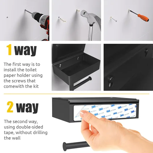 Miniatura 6 de Soporte de papel higiénico autoadhesivo de pared con estante y almacenamiento para toallitas – Soporte de papel higiénico negro mate de acero