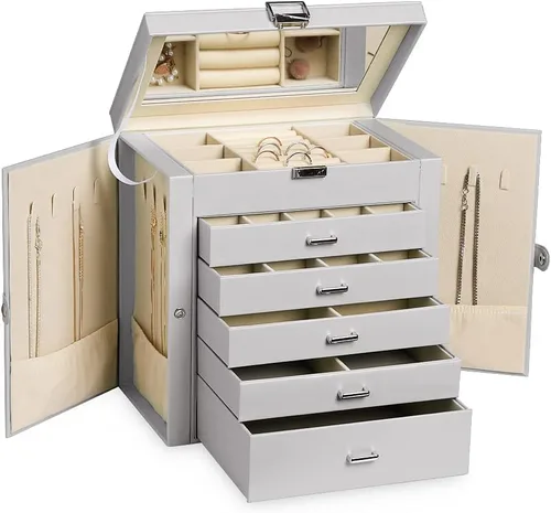 Frebeauty Joyero grande, organizador de joyas de piel sintética de 6 niveles con cerradura, estuche de almacenamiento multifuncional con espejo,