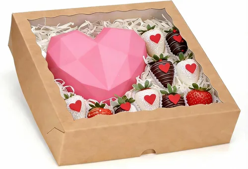Miniatura 7 de TEMLQPACK 6 piezas cajas de panadería marrones de 10 x 10 x 2.5 pulgadas con ventana, tartas, galletas, fresas cubiertas de chocolate, corazón