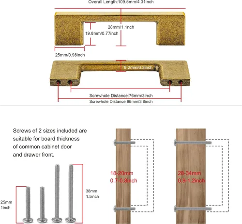 Miniatura 2 de TUNNY - Paquete de 10 manijas clásicas para gabinetes - 3"/76mm de separación de tornillos, manijas de hardware de muebles de latón envejecido