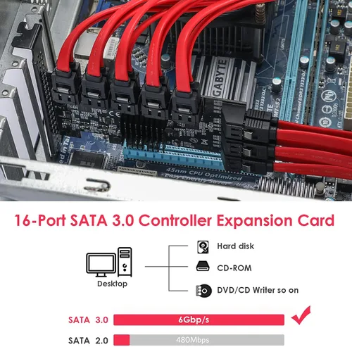 Miniatura 4 de PCle Tarjeta de expansión de controlador SATA III de 16 puertos, 6Gbps X1/X4/X8/X16, soporta 16 dispositivos SATA con cables y soporte de perfil