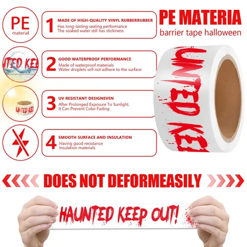 Miniatura 3 de Cinta de precaución para decoración de Halloween, HAUNTED KEEP OUT rollo de precaución sangriento blanco de escena del crimen de 2 pulgadas x 82