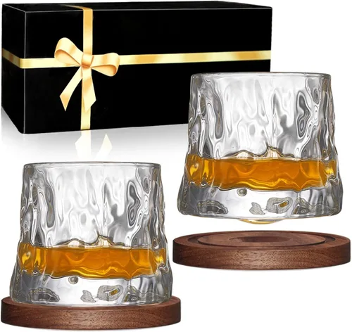 Miniatura 11 de Juego de 2 vasos de whisky giratorios, vasos de cristal con 2 posavasos creativos de nogal y caja de regalo, para escocés, bourbon, cócteles