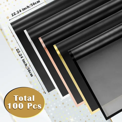 Miniatura 2 de 100 hojas de papel de regalo de flores negras para graduación 2026, suministro de ramo de floristería impermeable, 5 estilos de 22.2 x 22.2