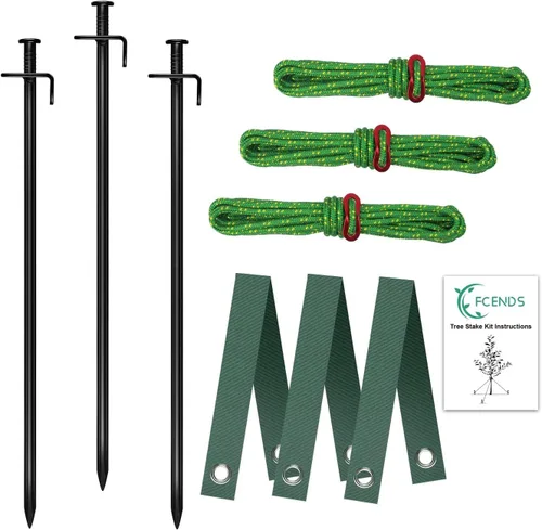 Kit de estaca para árbol, soporte de anclaje resistente para árboles jóvenes con mal tiempo, incluye 3 correas de árbol, 3 estacas de metal (11.8