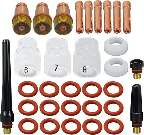 Miniatura 12 de RIVERWELD TIG Stubby - Cuerpos de pinza de lente de gas 17GL116 10N23S 1/16 "17GL332 10N24S 3/32 pulgadas, boquilla de cuarzo transparente #10 5/8