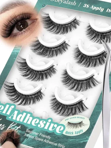 Obeyalash Pestañas autoadhesivas de ojo de gato, banda negra y adhesivo negro, pestañas postizas a presión, 5 pares de pestañas postizas de aspecto