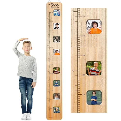 Chunful Tabla de crecimiento de madera para niños con marcos de fotos, tabla de crecimiento de altura para pared, regla de medición de altura