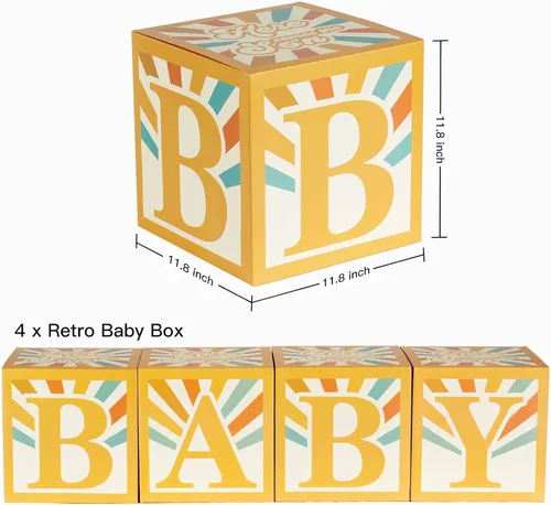 Miniatura 2 de Here Comes The Son Baby Shower Decoraciones Niños Boho Baby Boxes- 4 piezas Retro Sun Baby Blocks Here Comes The Son Party Supplies