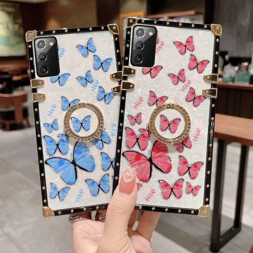 Miniatura 18 de Funda de mariposa con soporte de anillo para Galaxy Z Flip 3 para mujeres y niñas, diseño de caja cuadrada de lujo, diseño de mármol brillante