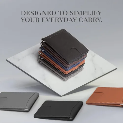 Miniatura 6 de Billeteras de piel de vaca genuina con bloqueo RFID y bolsillo frontal minimalista para hombres con clip para dinero Negro Cartera delgada Rfid
