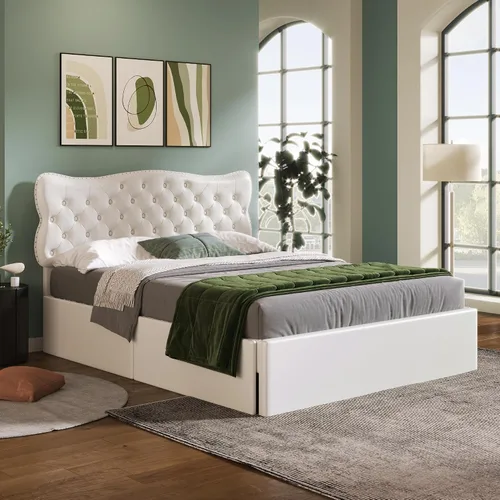 Miniatura 21 de Cama de plataforma tapizada de tamaño individual con barandilla, cabecera de almacenamiento y estribo, para niños, adolescentes y adultos, uso