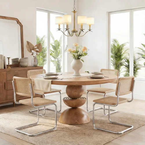 Miniatura 12 de Flouki Juego de 4 sillas de comedor de ratán, sillas decorativas bohemias para cocina con malla de caña natural, diseño voladizo de mediados