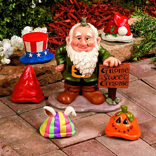 Fun Express Estatua de gnomos de jardín para exteriores con 5 sombreros de temporada intercambiables, figuras de gnomos de resina para decoraciones