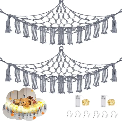 Miniatura 18 de CERETIA Hamaca de animales de peluche con luz LED, red grande de almacenamiento en esquina de animales de peluche para decoración de habitación