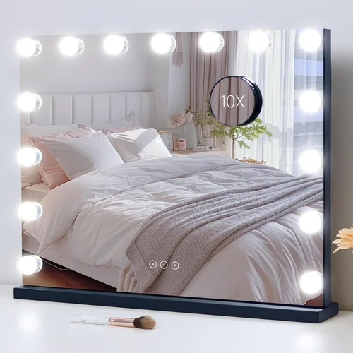 Miniatura 10 de Espejo de tocador con luces, espejo de maquillaje iluminado con bombillas LED regulables, 3 modos de iluminación de color, puerto de carga USB, Negro