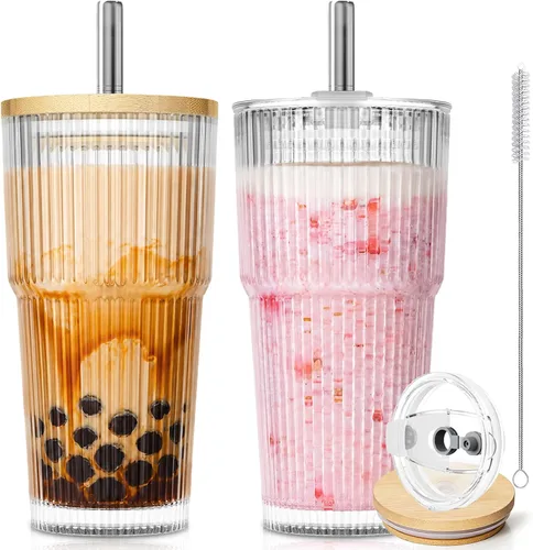 Miniatura 13 de KEMORELA Paquete de 2 vasos de vidrio acanalado de 20 onzas con tapas y pajitas de vidrio, tazas de café helado vintage, vasos reutilizables