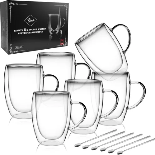LIBWYS Paquete de 6 Tazas de Café de Vidrio de Doble Pared, Tazas de 12oz para Espresso Cappuccino Latte Té con Asa, Vasos Transparentes de