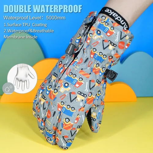 Miniatura 4 de Andake - Guantes de nieve impermeables y transpirables para niños de 2 a 7 años, guantes abrigados de esquí para invierno, mitones para niños y niñas