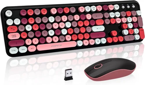 Miniatura 11 de FOPETT V2020 Combo de teclado y mouse inalámbricos, bonito teclado inalámbrico con llave roja redonda estilo retro, conectividad CapSecure de 2.4