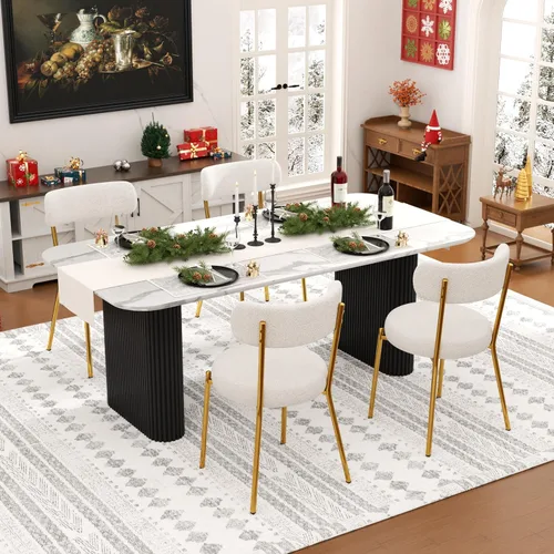 Miniatura 29 de Juego de mesa de comedor ovalada negra moderna de 70.9 pulgadas para 4, mesa de cocina rectangular estilo crema con sillas negras Boucle, juego