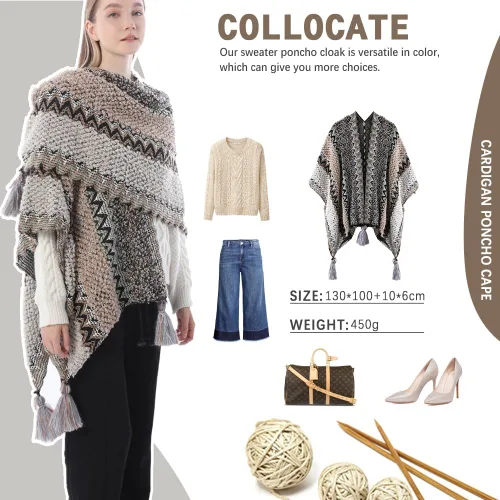 Miniatura 5 de Capa tipo poncho de punto para mujer, cárdigan de punto con flecos para otoño e invierno