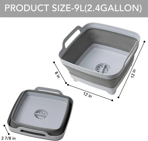 Miniatura 3 de Tiawudi Barreño para lavar platos, lavabo de 2.4 galones/9L con asas de transporte de tapón de drenaje, cubo plegable para limpieza, fregadero