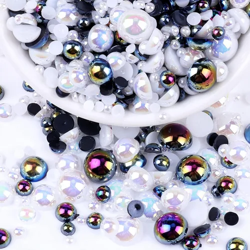 Miniatura 15 de Perlas con parte trasera plana para manualidades, 50g Mezcla Azul Rosa Blanco Medias perlas para manualidades, Tamaño mixto 3/4/5/6/8/10mm Perlas