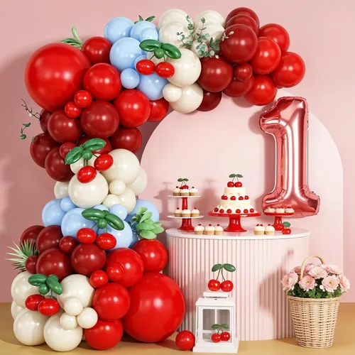 Miniatura 4 de Kit de arco de guirnalda de globos de cereza azul y rojo, globos largos para niñas, cumpleaños, ella es cereza en la parte superior, baby shower