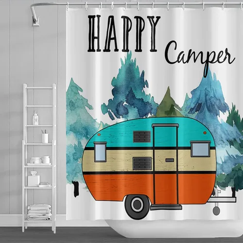 Miniatura 25 de Cortina de ducha Happy Camper de 48 x 72 pulgadas, diseño de caricaturas, remolque, hoguera, aventura al aire libre, cortina de baño para decoración