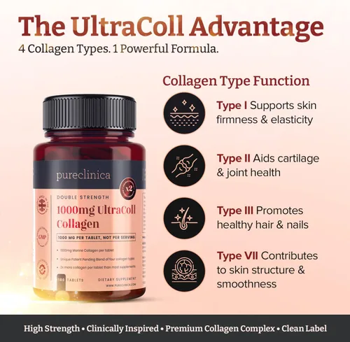 Miniatura 4 de UltraColl Marine Collagen 1000mg x 180 Tabletas (6 Meses de Suministro). El único colágeno antienvejecimiento patentado Tipos I, II, III y VII.