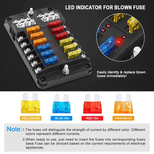 Miniatura 4 de ELECTOP Bloque de fusibles de hoja de 12 vías, 12 circuitos con soporte de caja de fusibles de bus negativo con indicador LED, cubierta