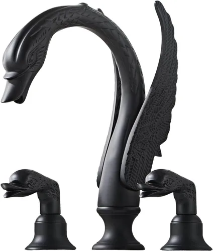 Miniatura 10 de Grifo de Lavabo Estilo Cisne Ornamentado Dorado Negro Combo para Baño con Montaje en Cubierta Conjunto de Grifo Mezclador para Lavabo Agua Caliente