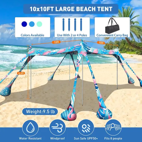 Miniatura 2 de Tienda de campaña de playa, toldo de playa de 10 x 10 pies, toldo de playa fácil de desplegar portátil UPF50+ con 8 sacos de arena, 2 palas