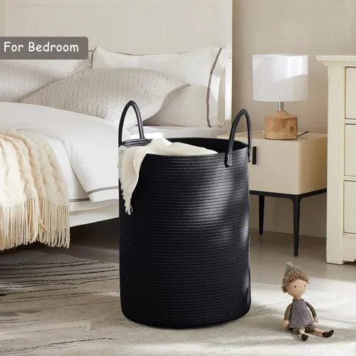 Miniatura 2 de Cesta de lavandería de 62L en negro con cuerda trenzada, cesta de almacenamiento para ropa y mantas, cesta alta y moderna para sala de estar