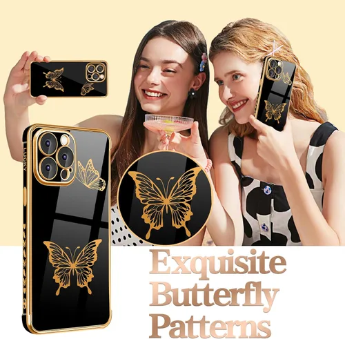 Miniatura 4 de Petitian Funda para iPhone 14 Pro Max, diseño de mariposas para mujeres y niñas, diseño dorado para iPhone 14 Pro Max, cubierta femenina chapada