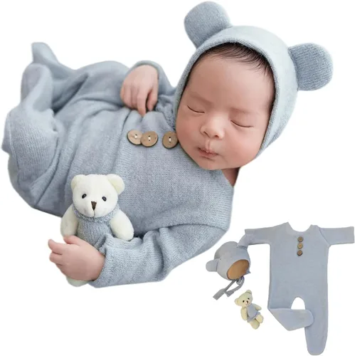 Miniatura 5 de Zeroest Traje de fotografía para recién nacido, accesorios para sesión de fotos de bebé, accesorios de oso para fotos de bebé recién nacido, Azul