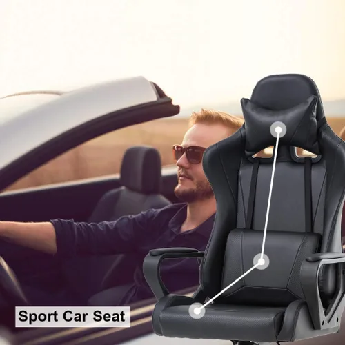 Miniatura 6 de Silla de oficina para videojuegos con brazos y apoyo lumbar, reposacabezas con respaldo alto, de piel sintética, silla de escritorio ergonómica