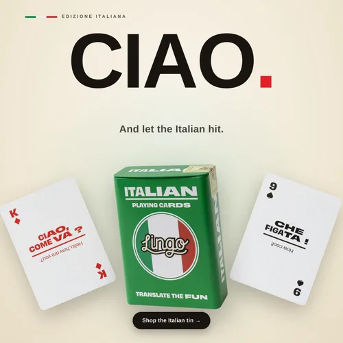 Miniatura 10 de Lingo Naipes italianos en lata de viaje premium Aprende vocabulario y frases italianas para adultos y principiantes Edición de caja de regalo