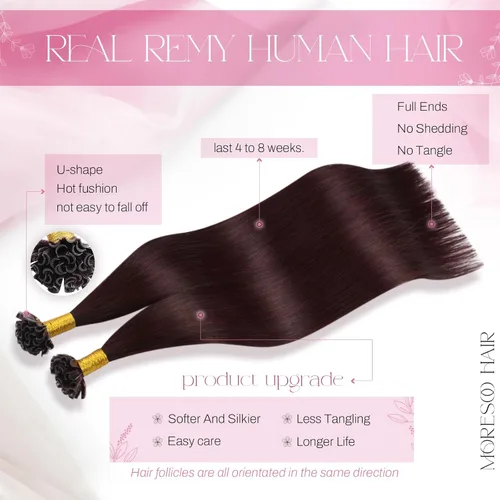 Miniatura 2 de Moresoo Extensiones de cabello humano con punta K de color burdeos, extensiones de cabello humano con punta en U, color rojo oscuro, 22 pulgadas